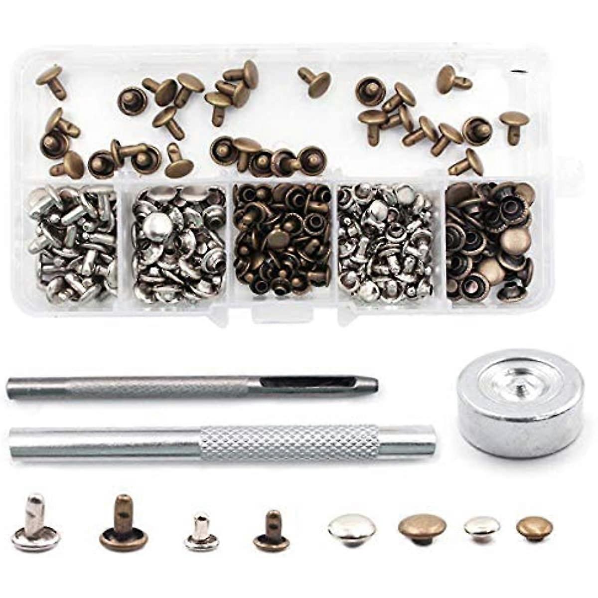 120 Sets Leather Rivets Double Cap Button Rivet Tubular Metal Studs with 3 Fixing Tool Kit and Storage Box for Leather Craft Repairing Decoration  2 S