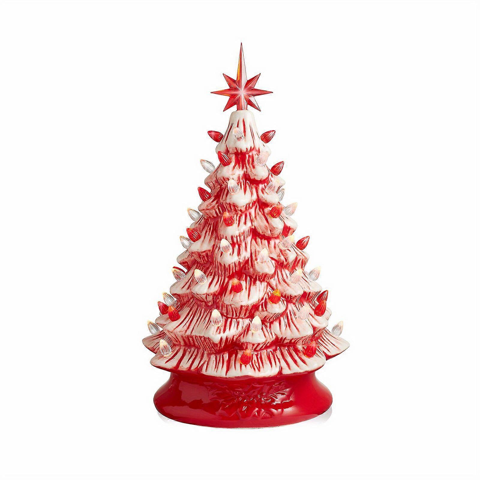 15" Peppermint Ceramic Christmas Tree, Pre-Lit Hand-Painted Decor with Lights