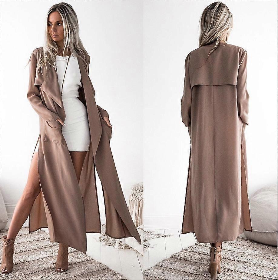 Beige Waterfall Lapel Long Long Trench Jacket