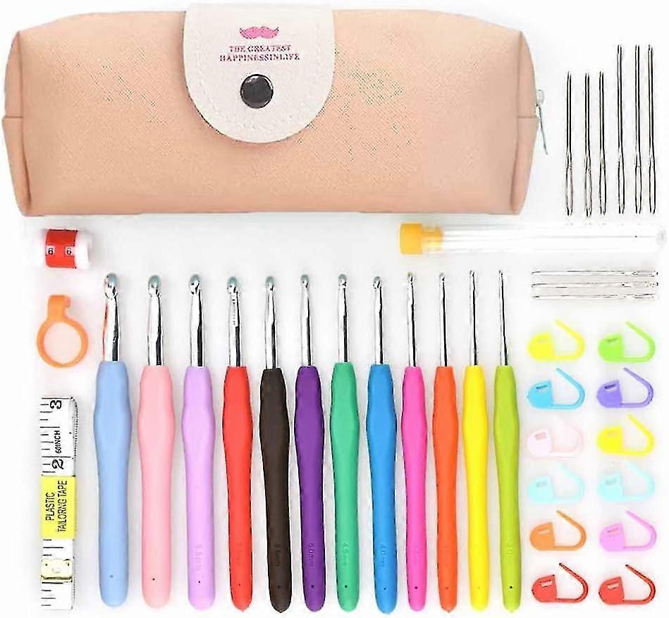 41Pcs Crochet Hooks Set 12Pcs Ergonomic Soft Grip Rubber Handles Needles+16Pcs Crochet Stitch Markers with Case Knitting Accessories Tools for Beginne