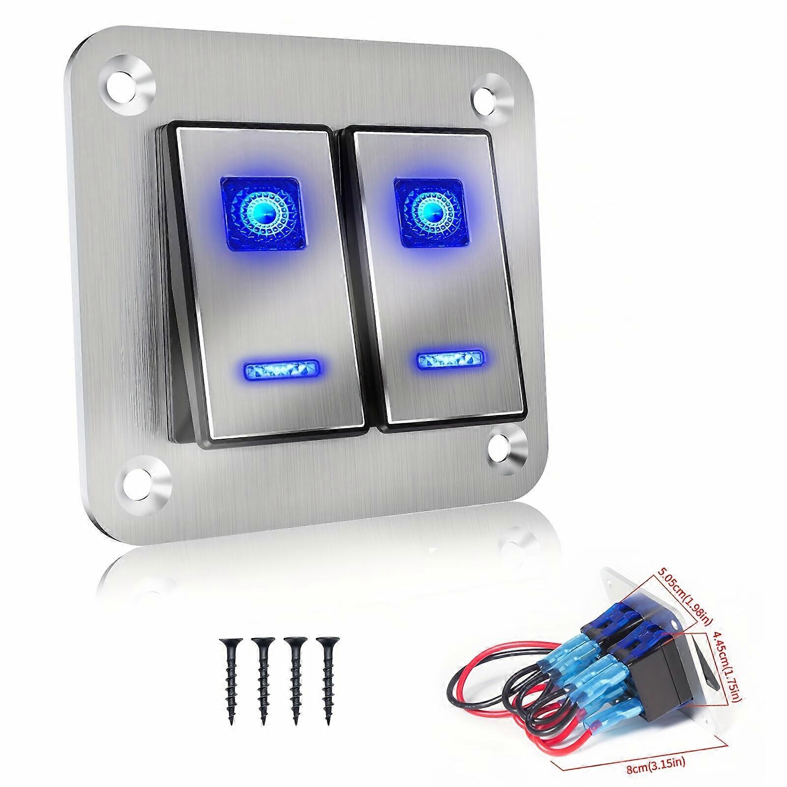 Car Modified Metal Power Switch For Car Boat Waterproof 2/3 On/Off, Double Blue Lights+Silvery Shell, 12V/24V, Sturdy And Durable, Long Service Life,