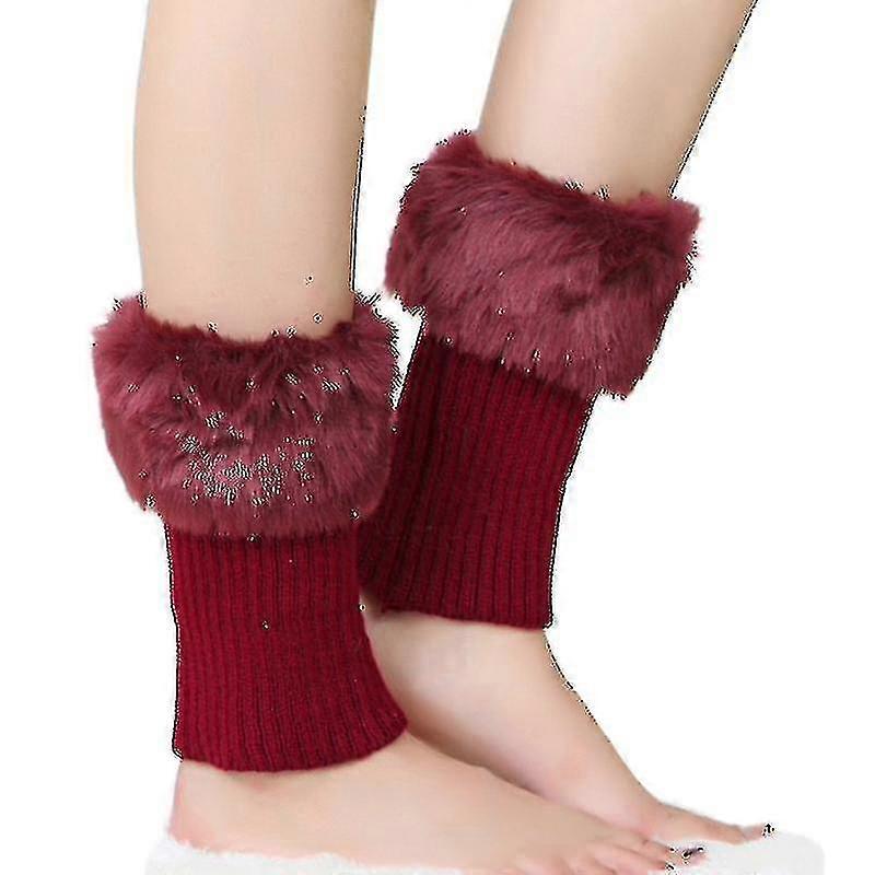 المرأة الكروشيه متماسكة فو الفراء تقليم الساق تدفئة فروي قصيرة غامضة الساق الأصفاد غطاء القدم الساق كم الحذاء الجوارب النبيذ الأحمر