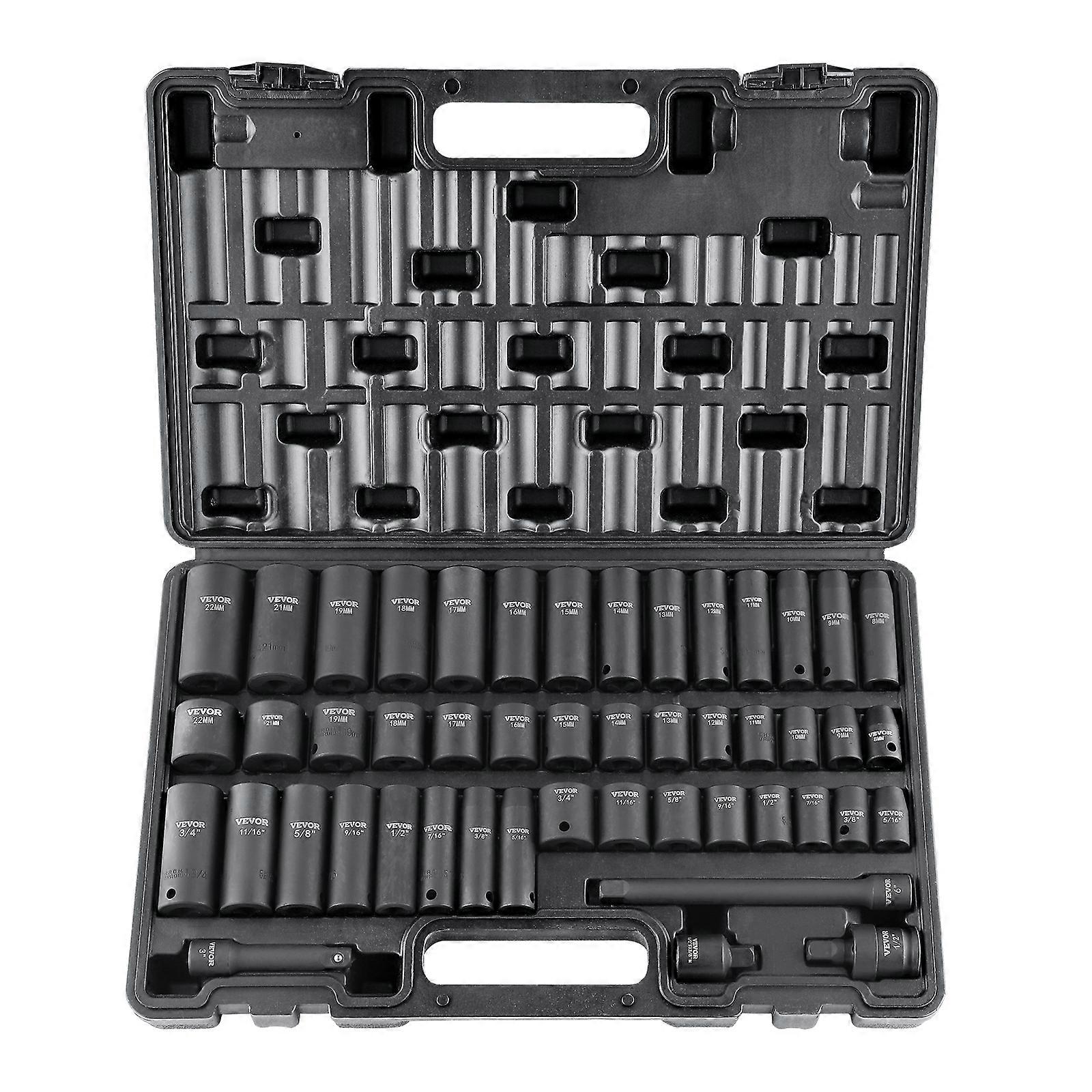 3/8" Drive Impact Socket Set, 48 Piece Socket Set SAE 5/16" -3/4" & Metric 8-22mm6 Point Cr-V Drive Extension Bar Universal Joint