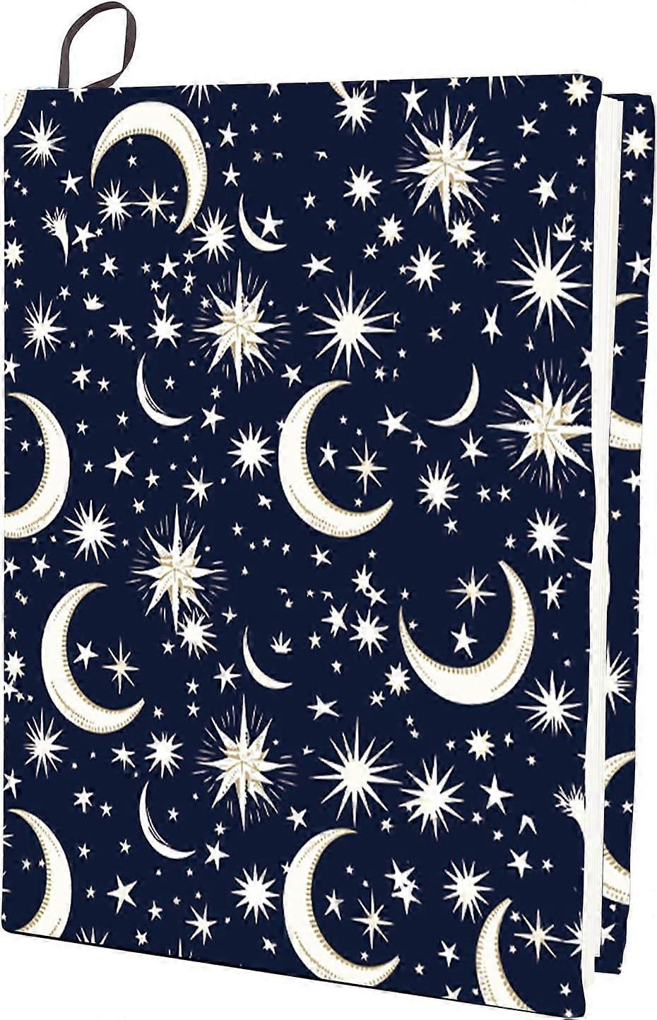 Moon Star Stretchable Book Cover Navy Blue Washable Reusable Large Nylon Cloth Polyester Book Protector 9.4x15.7 Inch Elastic Notebook Wraps Suitable