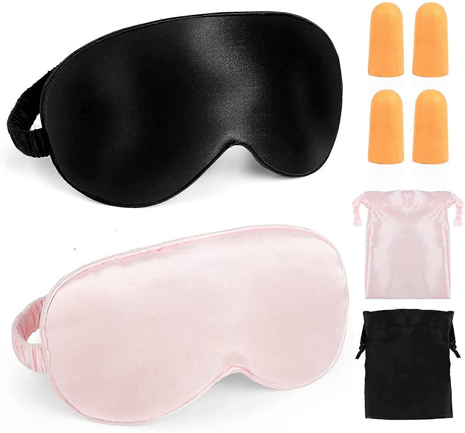 Silk Sleep Mask, 2 Packs Double Layer Soft Smooth Eye Mask, Elastic Band, Comfortable Sleeping Blindfold, Blocks Light ( Black, Pink)