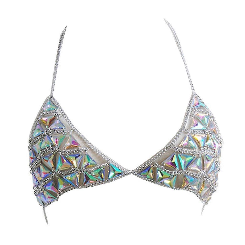 Sequins-Mesh Backless Halter-Crop Top Adjustable-Harness-Bikini Chest Chain