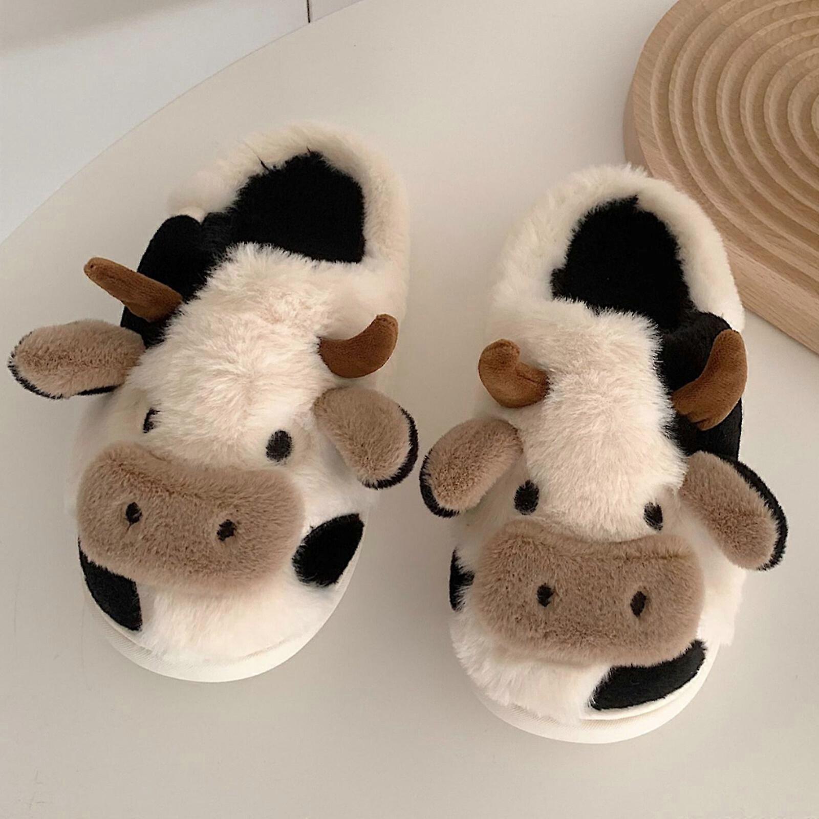 Papuci de vacă pentru femei bărbați interior desen animat Fuzzy Cow Print Papuci