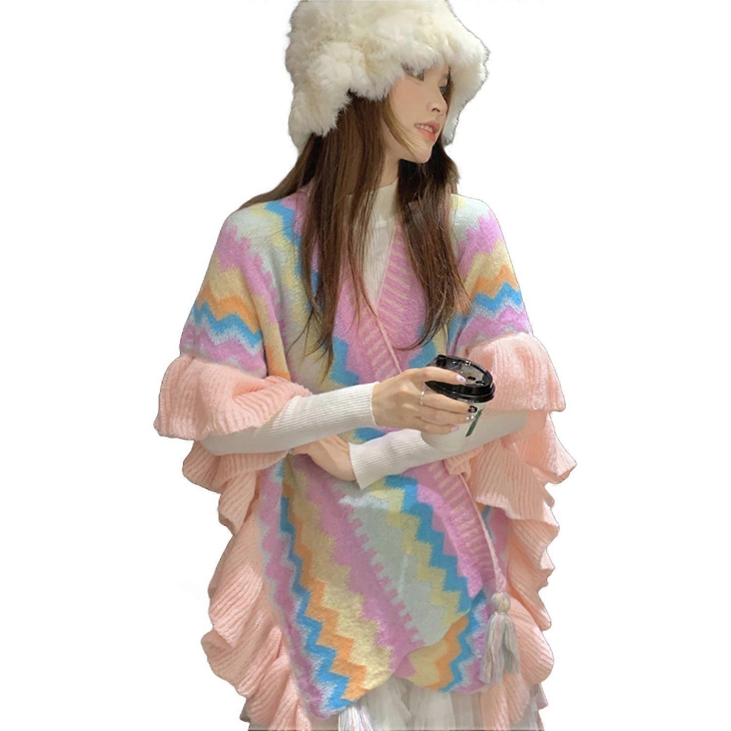 Ethnic Style Shawl Retro Colorful Stripes Print Tassel Ends Ruffle Trim Knitting Cape Travel