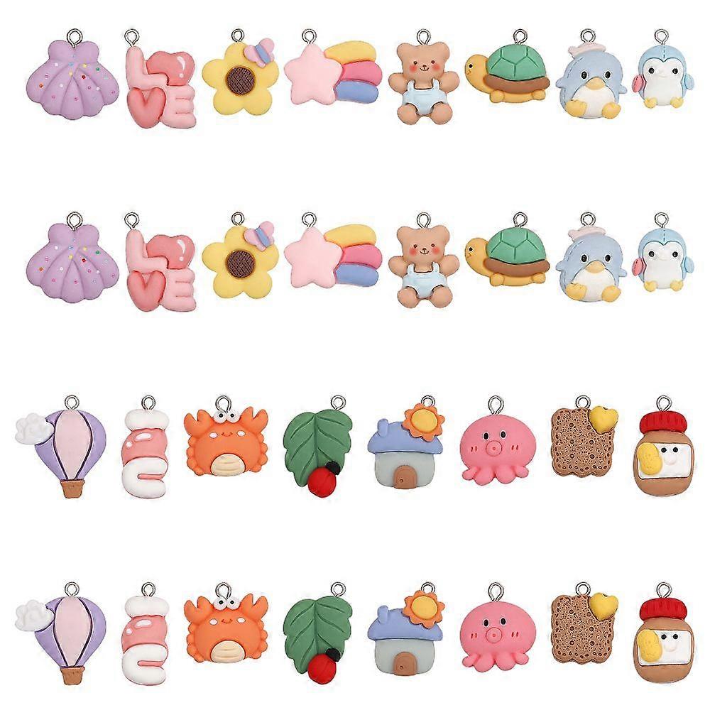 32Pcs 16 Styles Opaque Resin Pendants Cartoon Charms with Platinum Tone Iron Loops House & Sunflower & Crab Mixed Shapes Mixed Color 19~31x14~27x7~10m
