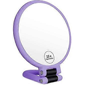 1x 15x miroir à main loupe, grossissement sur piédestal double face et miroir de maquillage véritable, taille et vanité portable violet