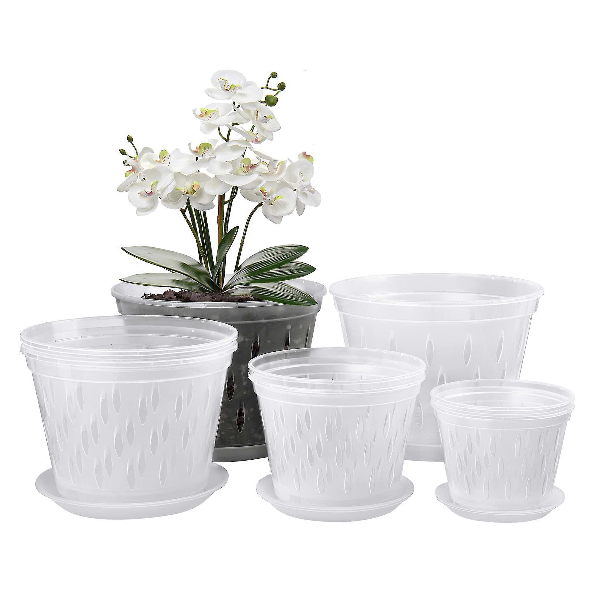 Orchid Pots 2-7 Inch Set of 8 with Plates, Drainage Holes, Clear Plastic Containers for Repotting Orchids