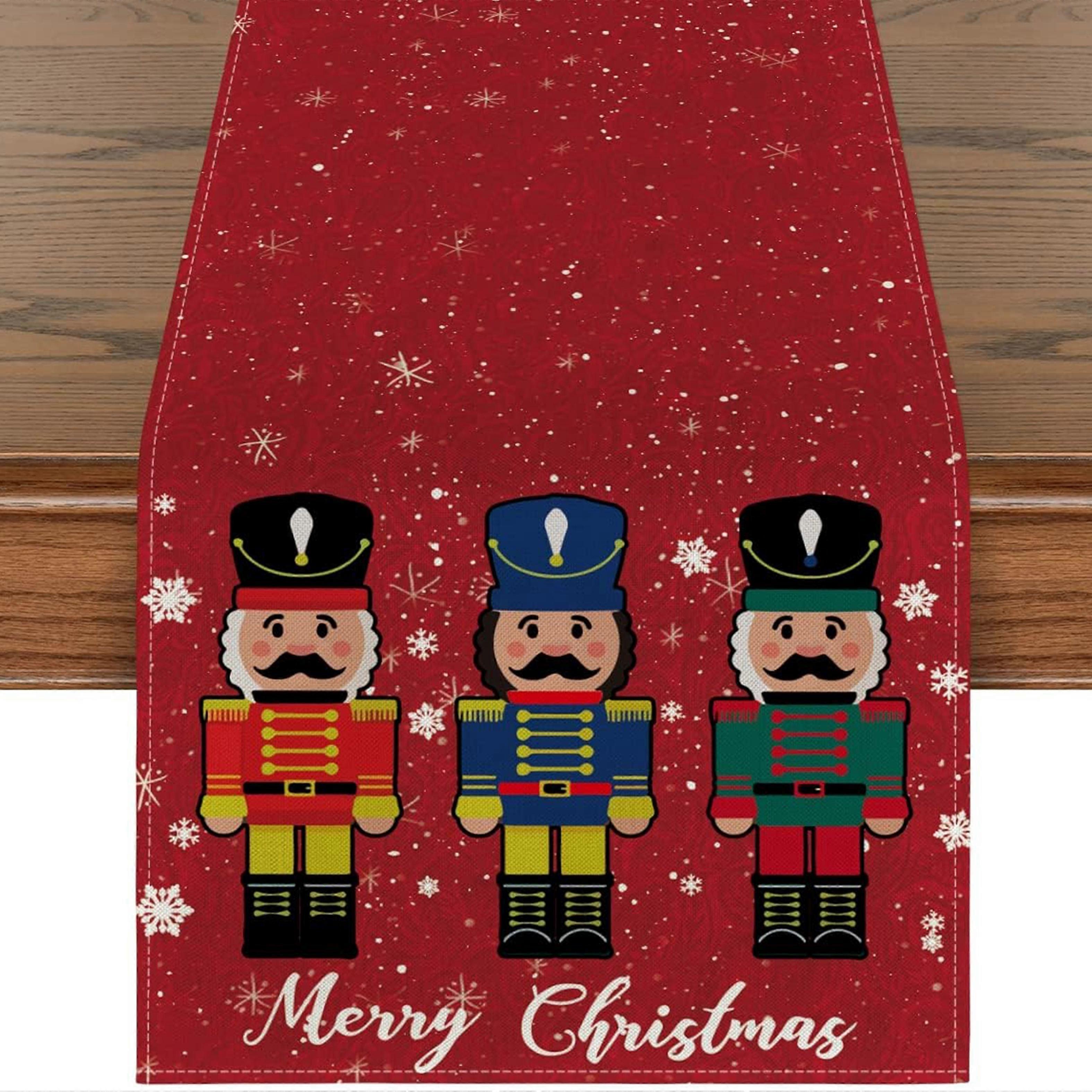 1pc, Linen Table Runner, Merry Christmas Theme Table Runner, Snowflake  Nutcrackers Pattern Red Table Cover, Christmas Atmospheric Table Runner, Holid