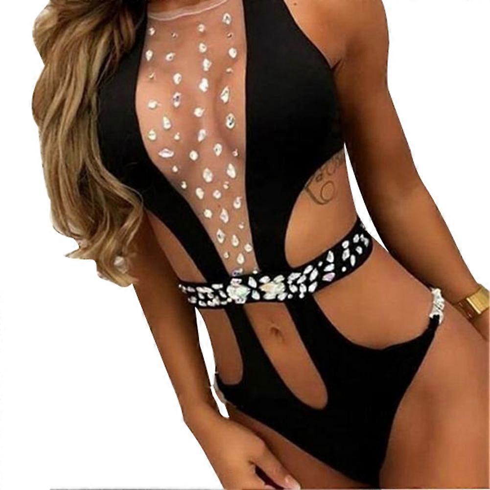 Kvinder Sommer Ensfarvet Bikini Badetøj i ét Stykke Ærmeløs Dame Badedragt (Sort L)