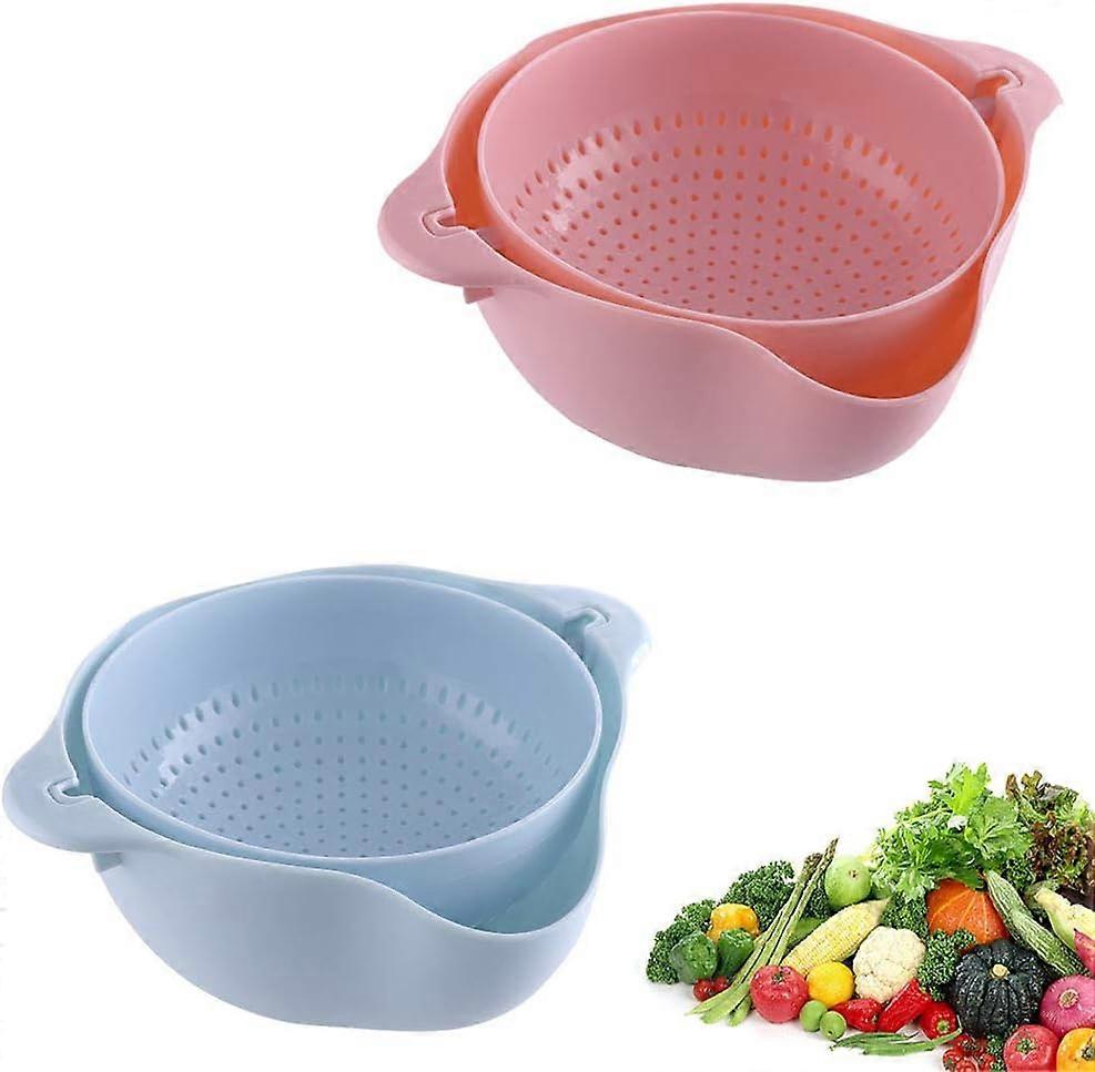 2-in-1 kitchen colander 2-piece set multifunctional kitchen filter basket, 2-in-1 removable double-layer multifunctional drain basin (blue, pink)