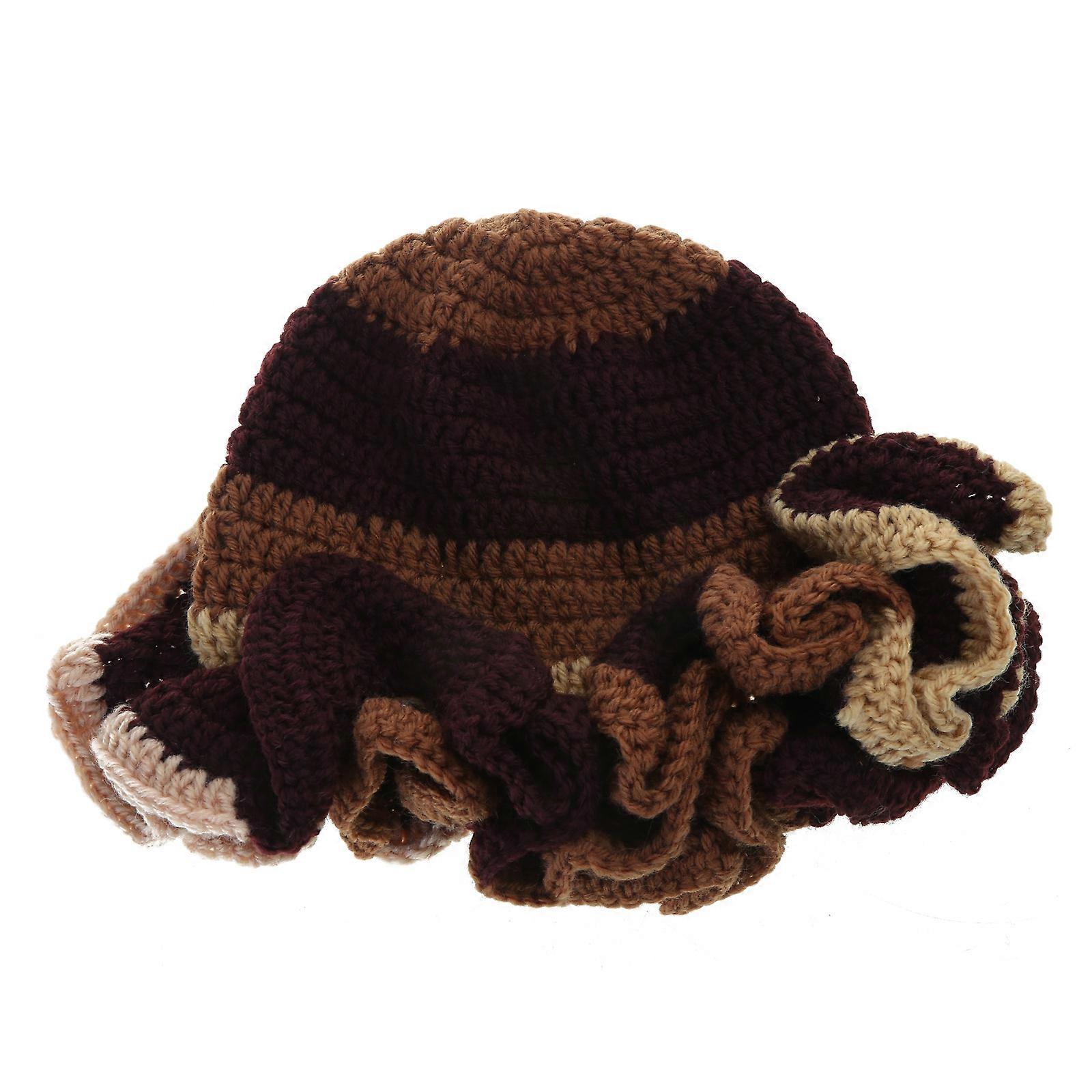 Handmade Knit Bucket Hat for Woman Weaving Floppy Ruffled Brim Bucket Hat Adult Teens Winter Cycling Fisherman Hat  Gradient coffee colo