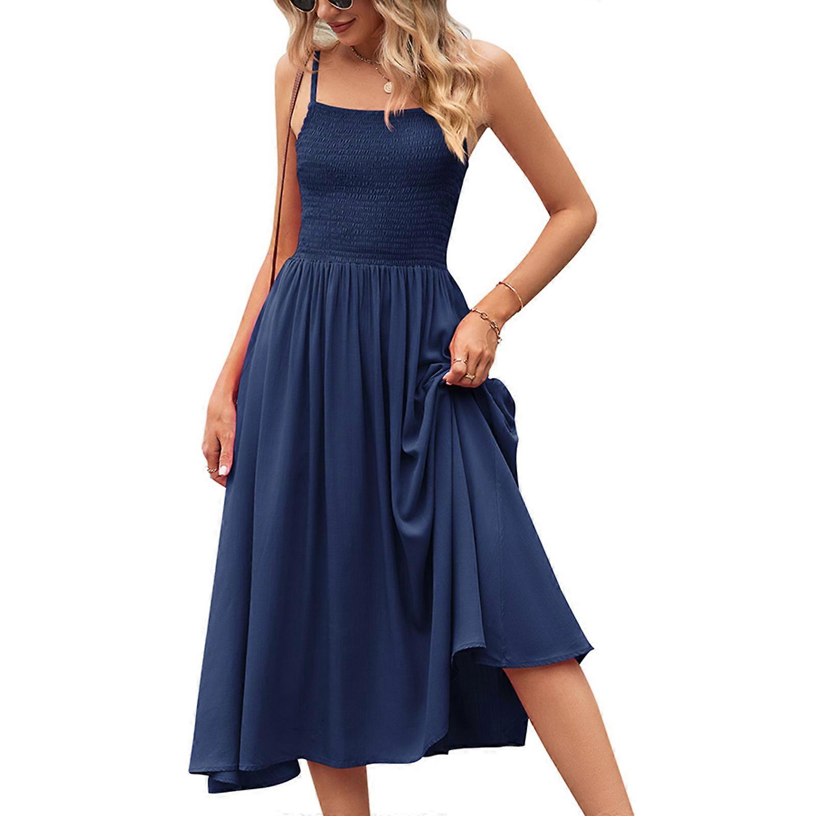 Womens Sleeveless Dress Fashion Ruched Dress Bobo Beach-Dress Spaghetti  Strap Holiday Dress Square Neck Party Dress Navy Blue XL | Fruugo IT