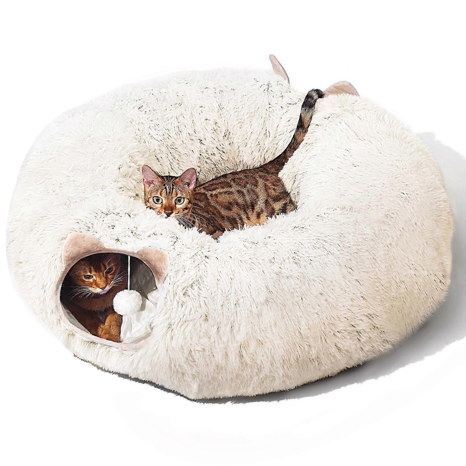 Cat Tunnel with Cat Bed for Indoor Cats, Soft Plush Donut Style Peekaboo Cave, Multifunctional Playground for Kittens and Small Pets (Cream White)