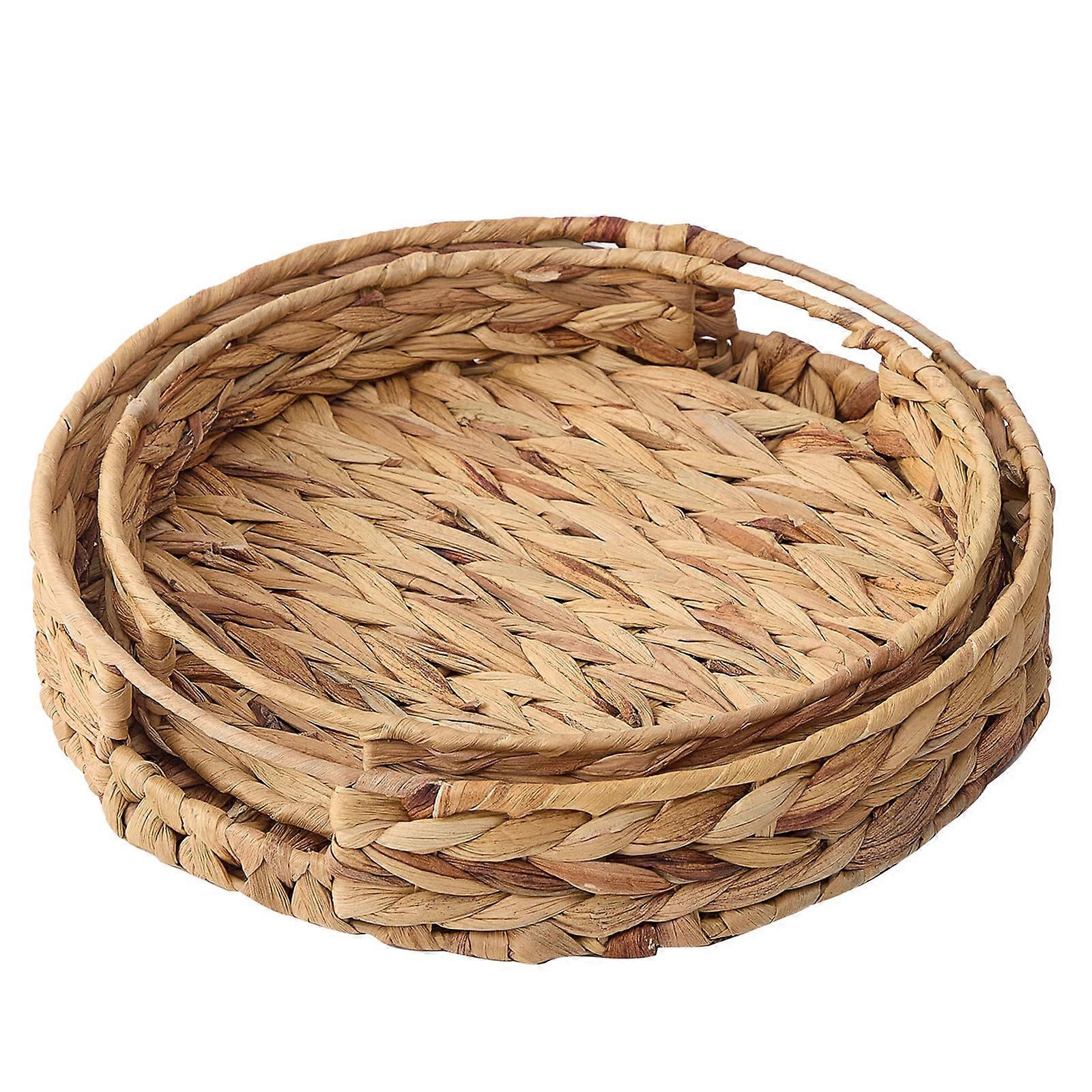 2 Sets Hand-Weaving Wicker Serving Tray With Handle for Coffee Table Round Natural Grass Weaving