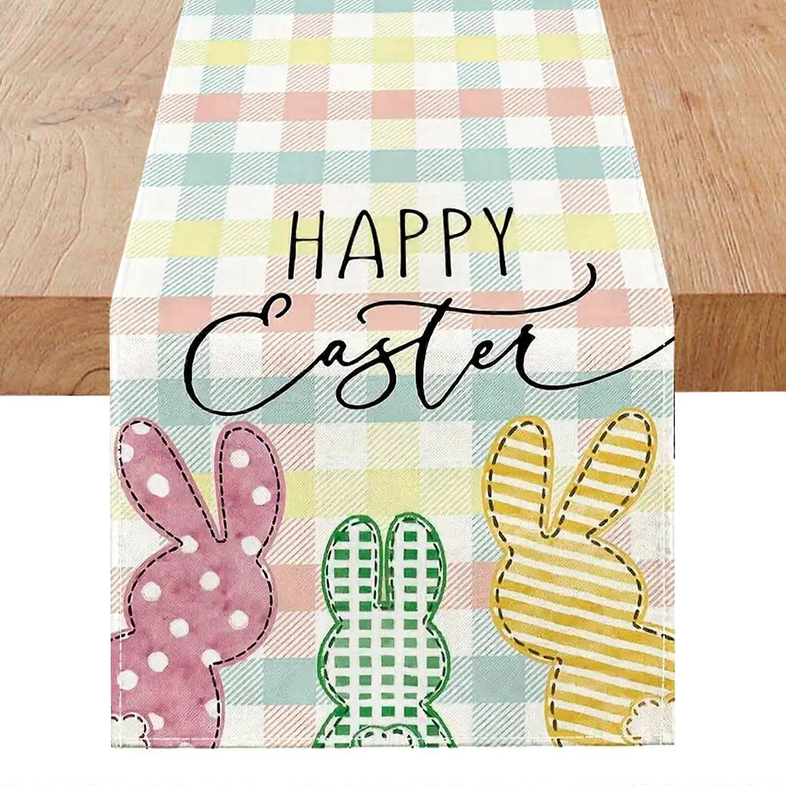 Plaid Rabbit Bunny Happy Easter Table Runner, Check Stripes Kitchen Table Decor