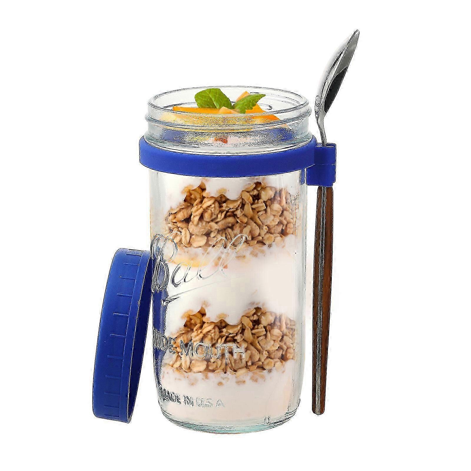 Glass Oatmeal Container with Spoon - 350ml Multicolor 10 oz Wide Mouth Mason Jar for Overnight Oats, Cereal, Yogurt - Airtight Seal and Leakproof Lid