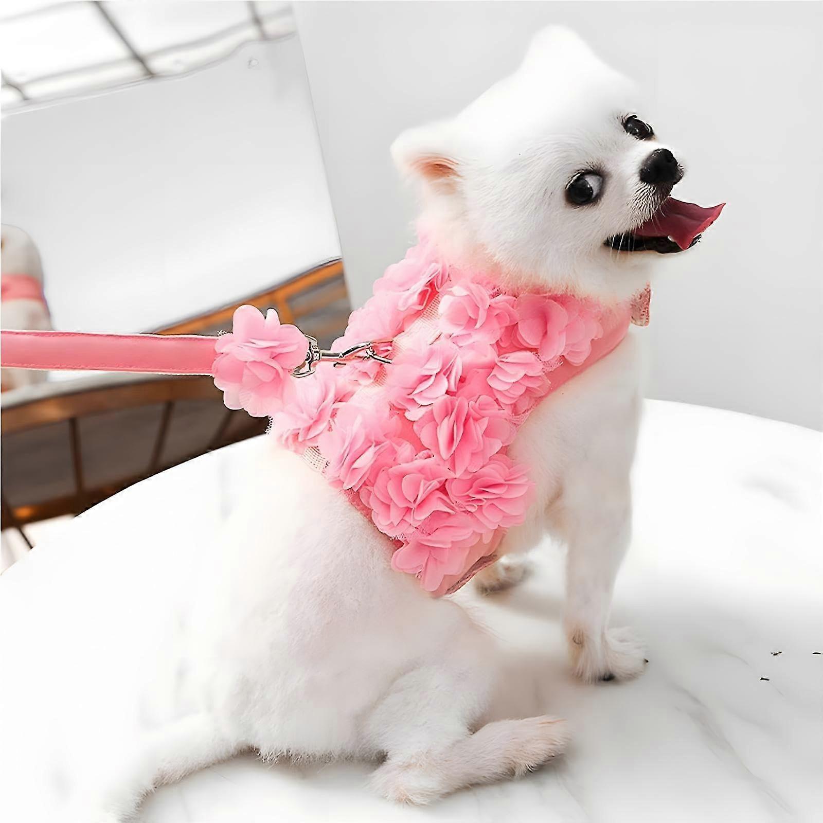Cute Dog Harness Escape Proof Flower Design with Leash Set, Soft Mesh Puppy Vest for Small Cats and Dogs in Pink Multicolor
