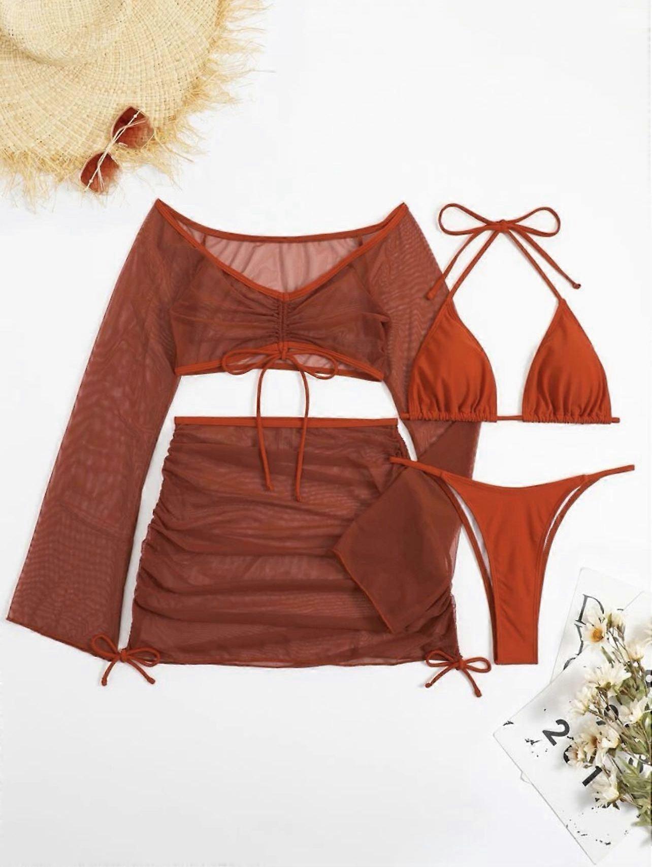 Women's Rust Sheer Mesh 3-Piece Bikini Set Halter Swimsuit with Long Sleeve Cover-Up and Mini Skirt Sexy Beachwear