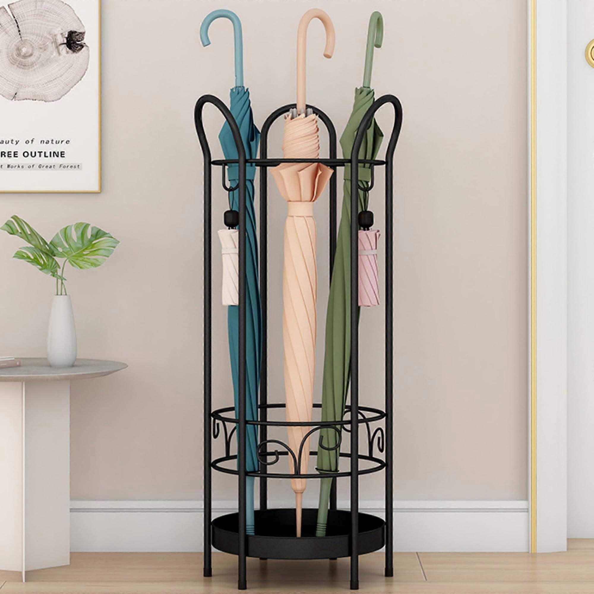 Metal Umbrella Stand, Diameter 25 x Height 60 cm, Retro with Water Tray and 3 Hooks (Black)