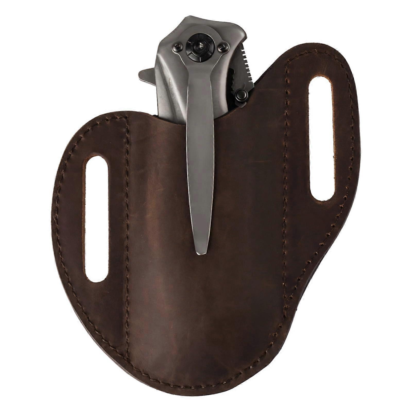 EDC Belt Sheath Holster Cowhide Leather Multifunction Tool Pouch with Belt Loop and Folding Knife Holder for Outdoor Activities
