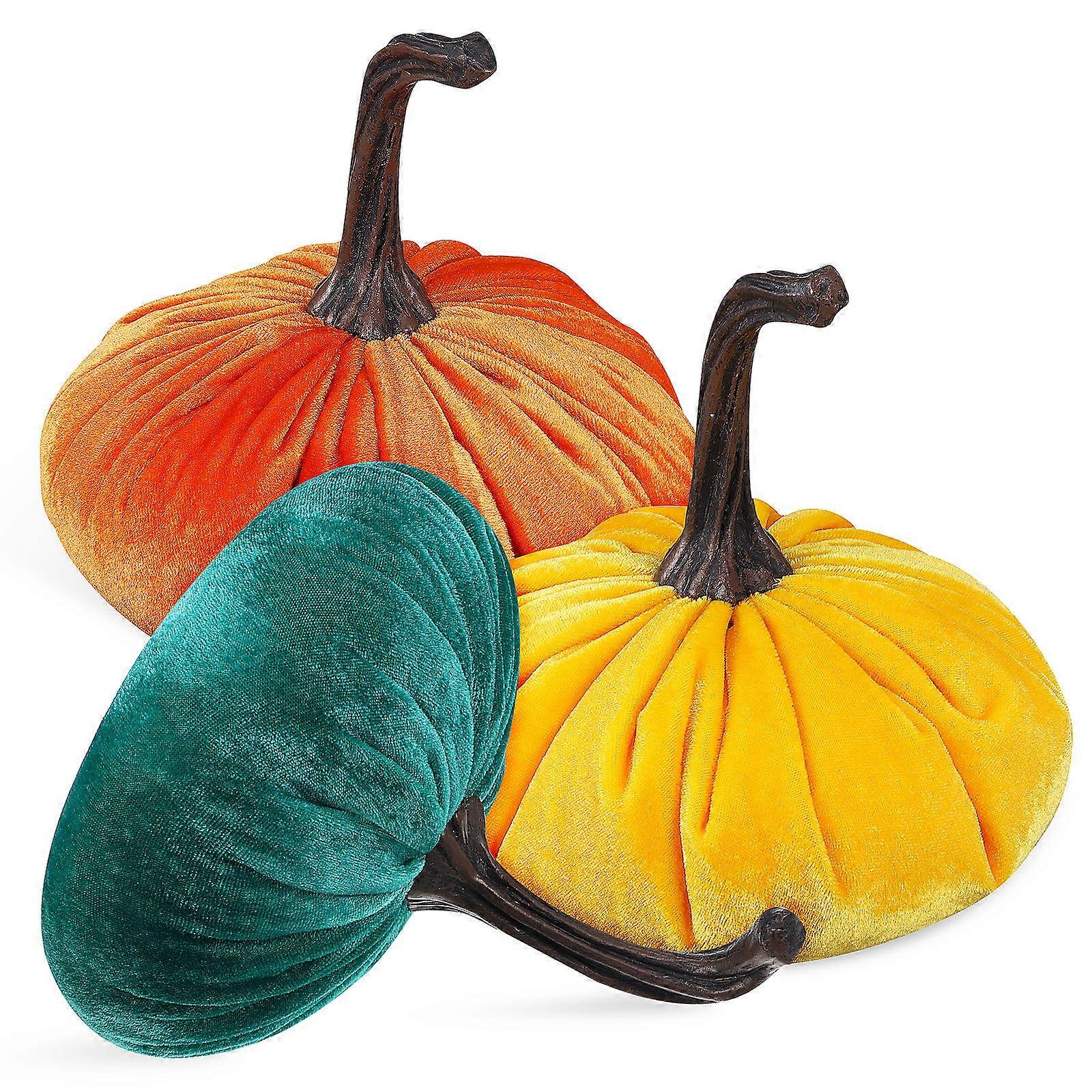 3 Piece Cloth Pumpkin Decorations in Bright Yellow, Orange, and Green for Halloween, Autumn Harvest, Thanksgiving Party Props and Table Centerpieces