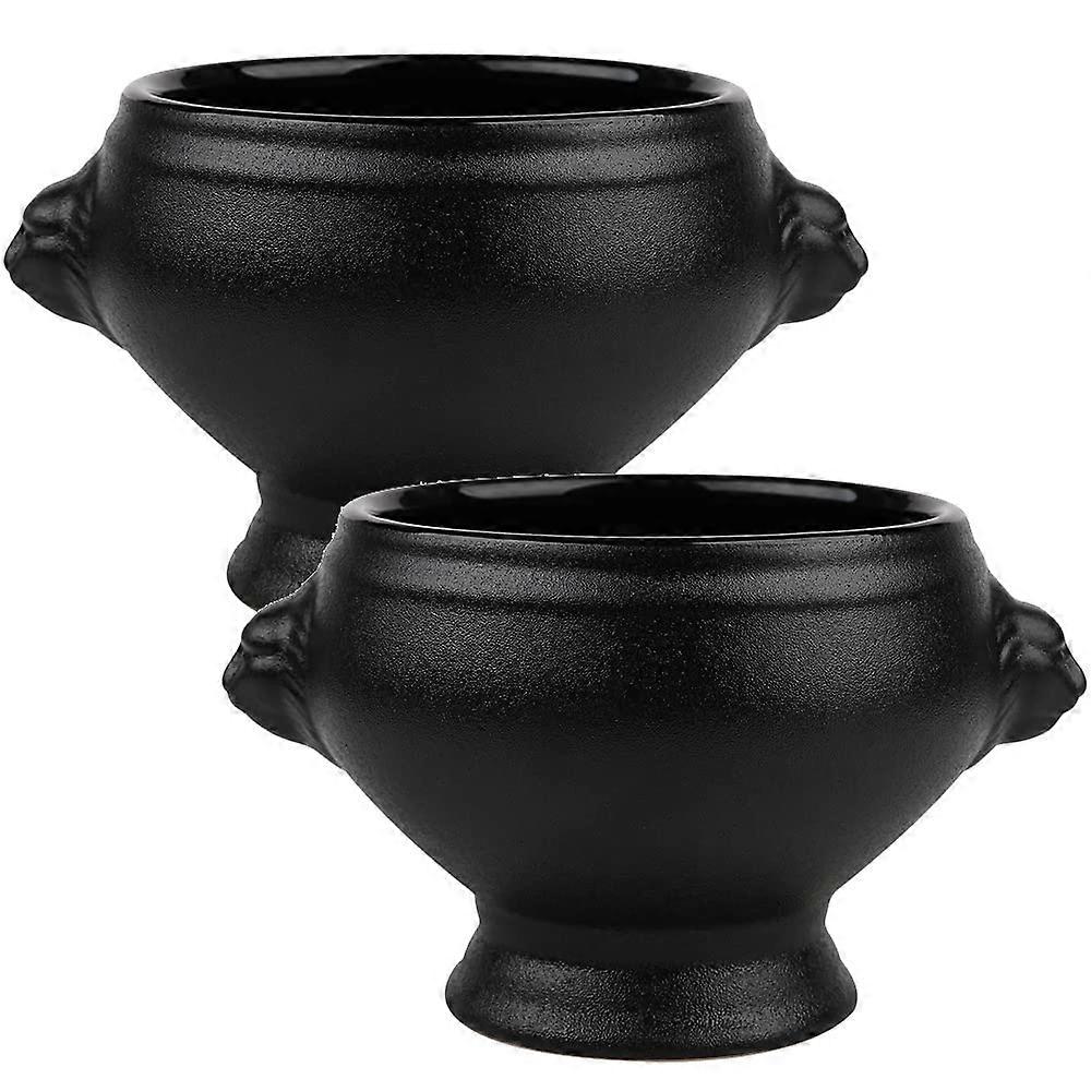Frosted Porcelain Soup Bowl Set of 2 with Lion Head Handles for French Onion Soup in Black Color