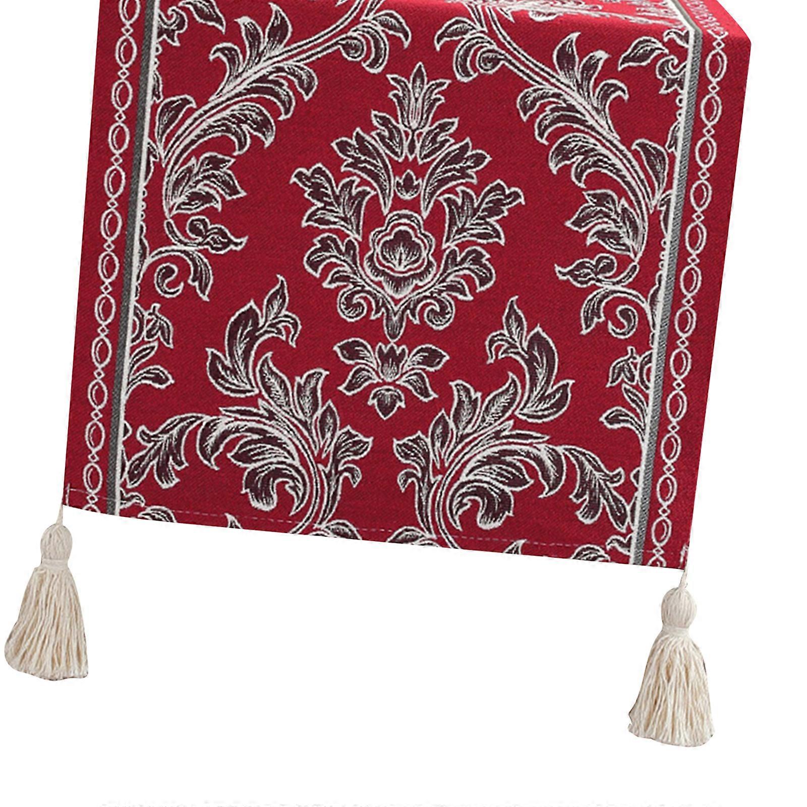 Tablecloth Print Table Runner With Tassels Trim Decorative Polyester Table Cover For Kitchen Dining Table Decoration  Red