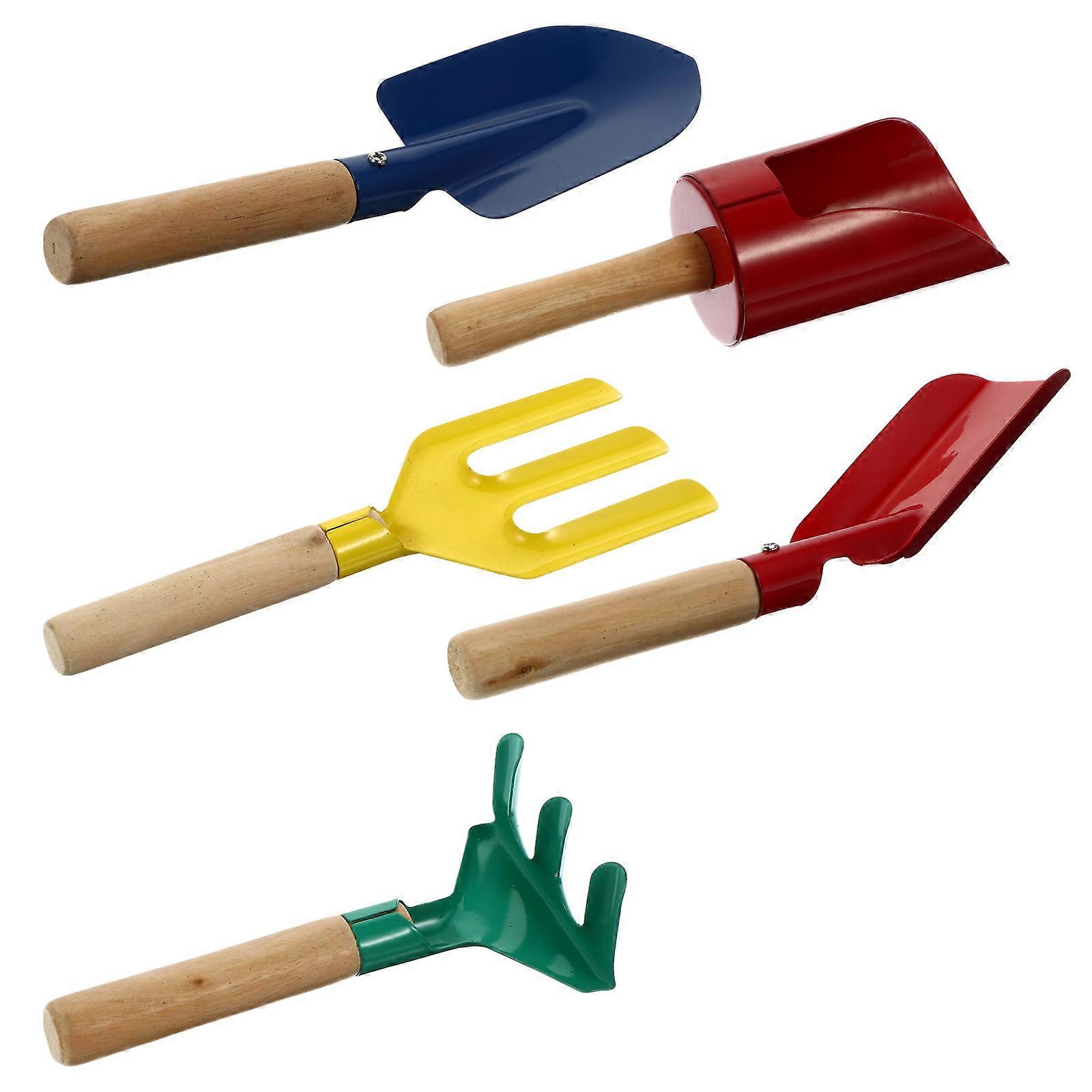 Kids Garden Tool Set Made of Metal with Hard Wood Handle for Outdoor Play and Planting 5 Pcs