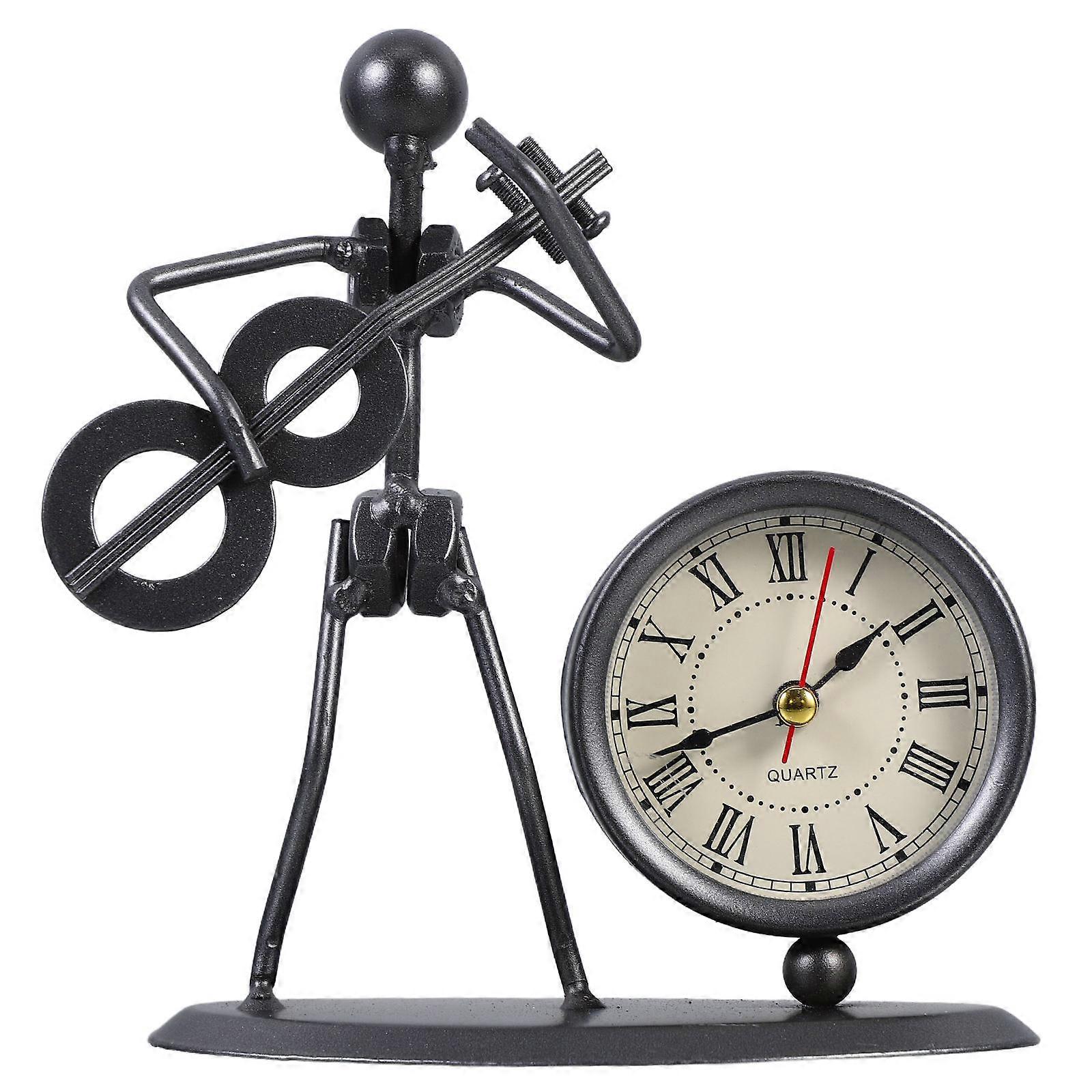 Retro Iron Art Tabletop Clock with Unique Musician Figure, Vintage Design Decorative Clock for Home and Office Shelf Use