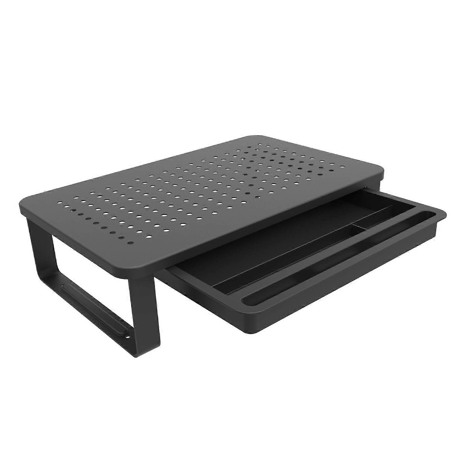 Computer Monitor Stand with Ventilation Drawer, Metal Storage Rack for Laptop, Printer and Pen Holder, Adjustable Height