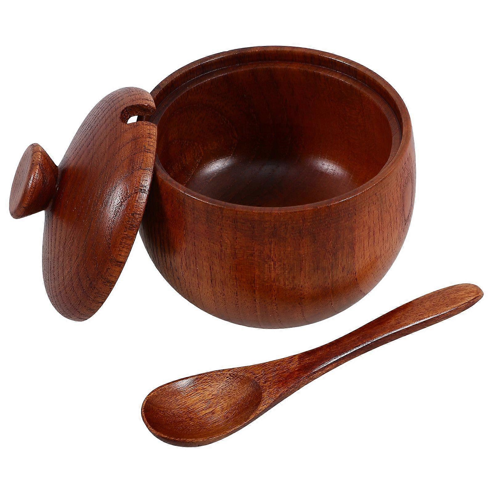 1 Set Wooden Sugar Jar with Lid and Spoon Small Salt Container for Kitchen