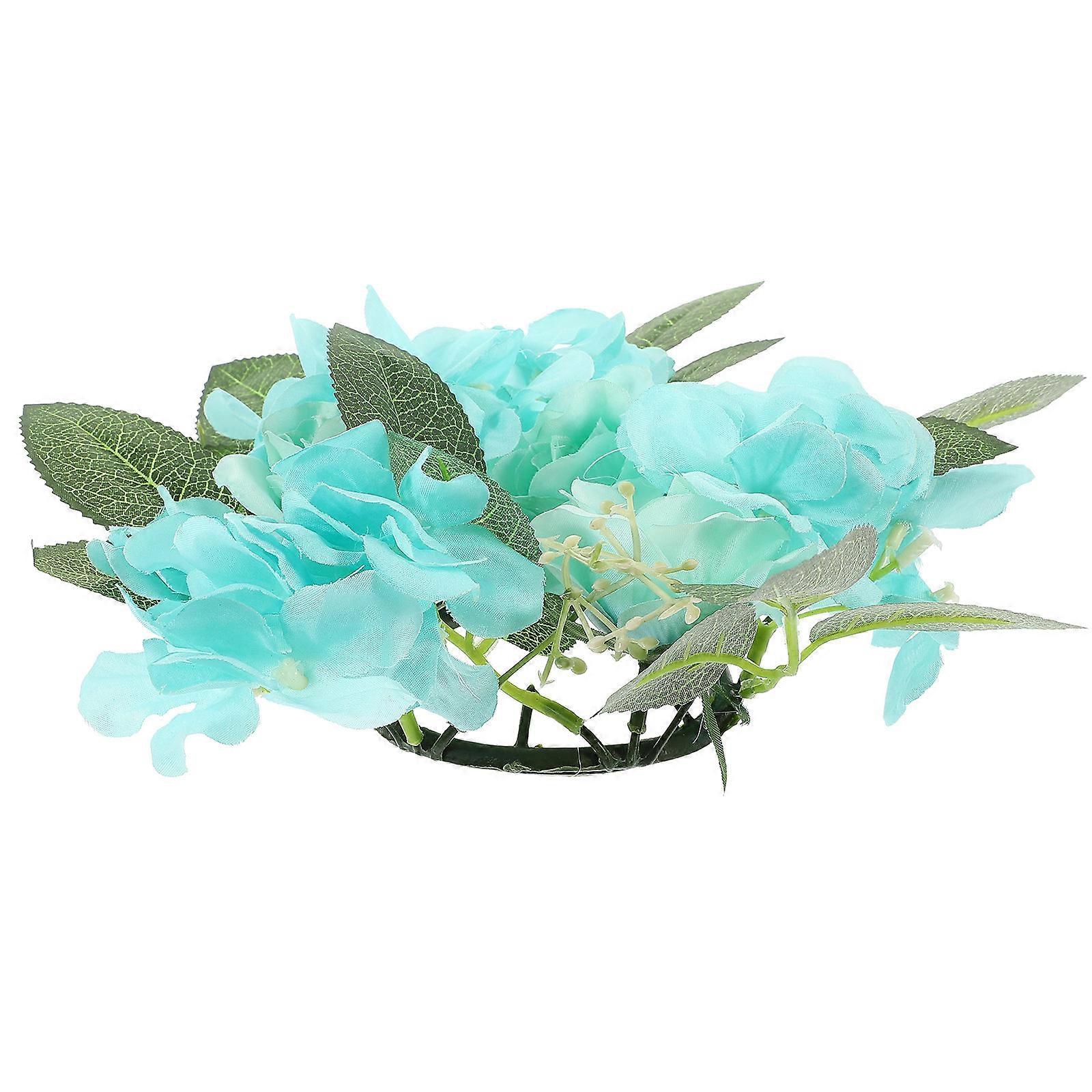 Artificial Rose Hydrangea Candle Ring Table Centerpiece Sky-Blue Plastic and Fabric Decorative 1Set