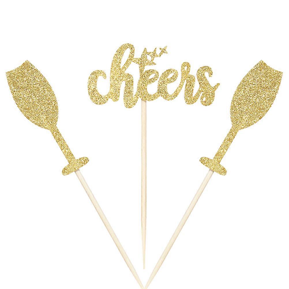 Golden Paper Cake Toppers with Cheers Printing and Glass Design for Party Supplies