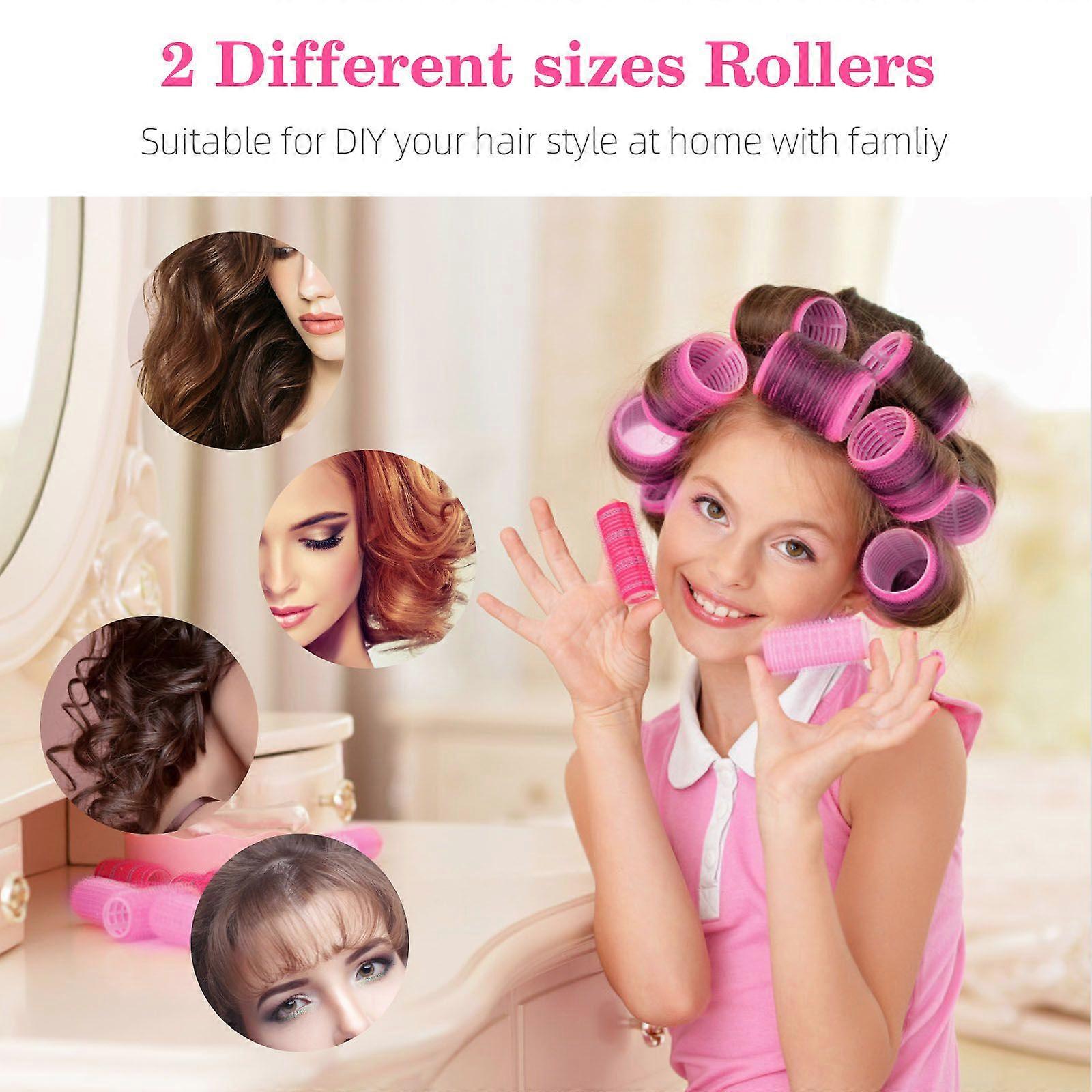 24PCS Hair Rollers Set 2 Sizes DIY Curling Tool for Self Grip Salon Hairdressing Curlers with Approx. 24PCS black Hair Clips(Pink, Red)