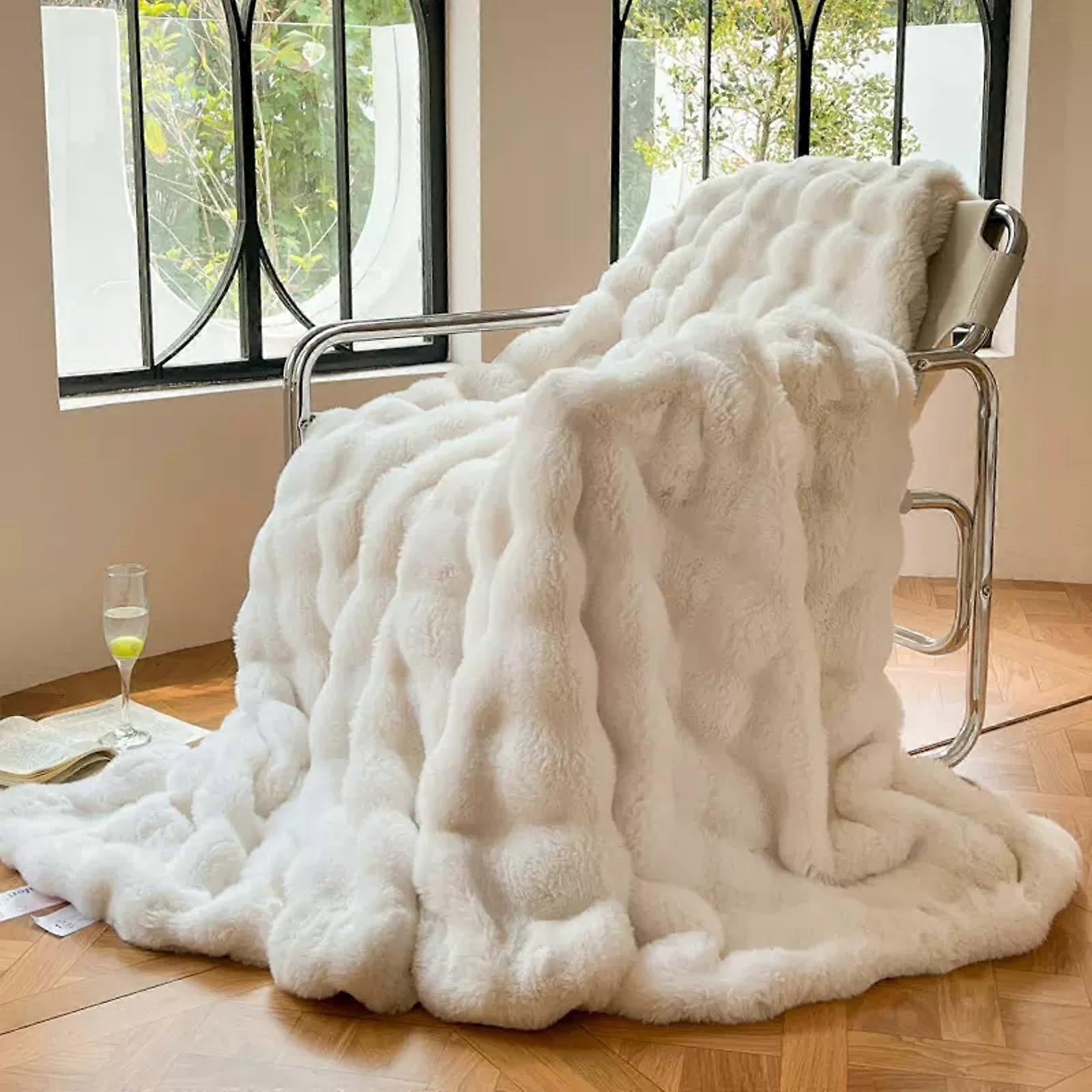 Faux Rabbit Fur Luxury Plush Sherpa Throw Blanket Reversible Fuzzy Warm Cozy 130x150 CM Cream Beige For Bed Sofa Couch