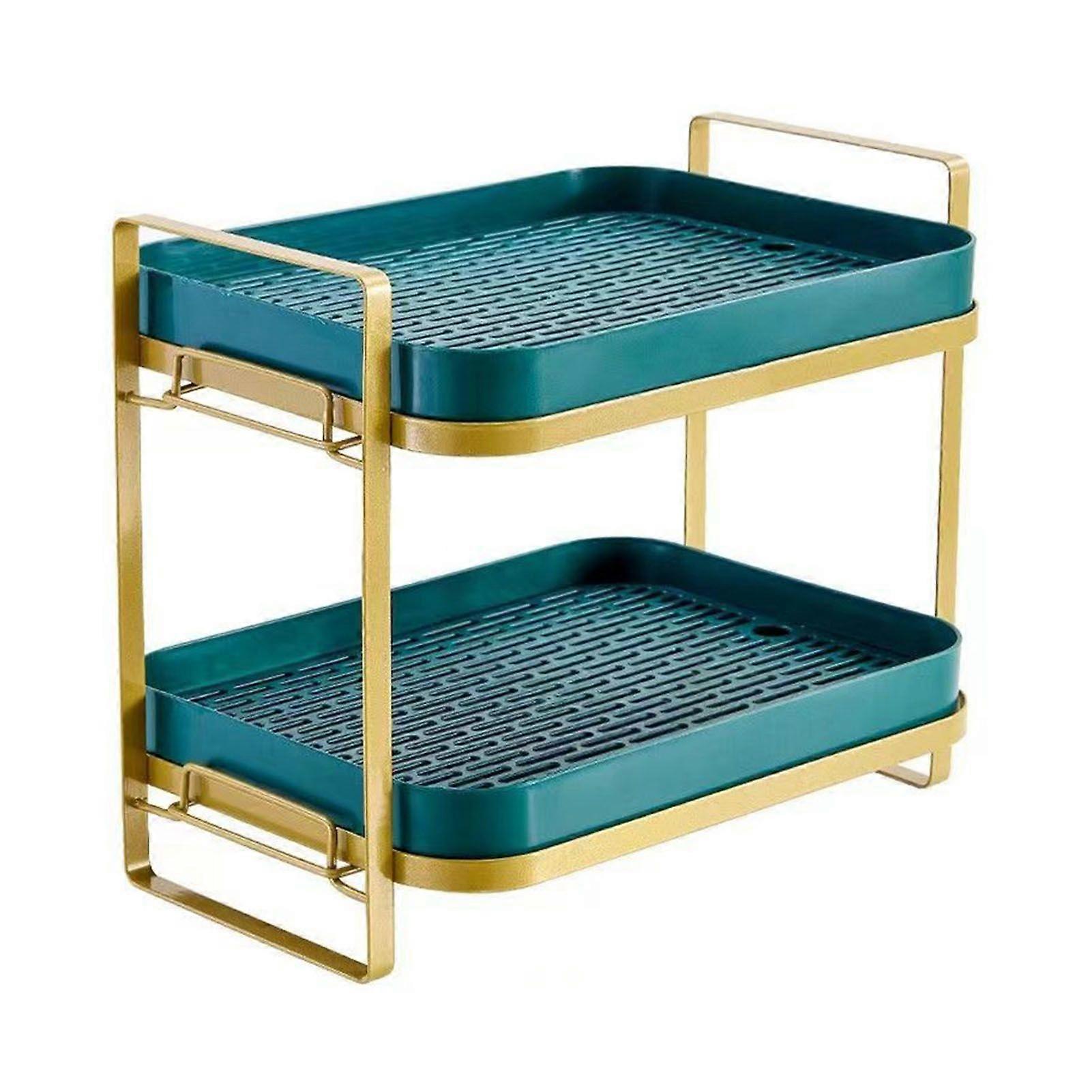 Cups Mugs Drying Rack with Drain Tray 2 Tier Countertop Storage Shelf for Home Kitchen Gold and Green