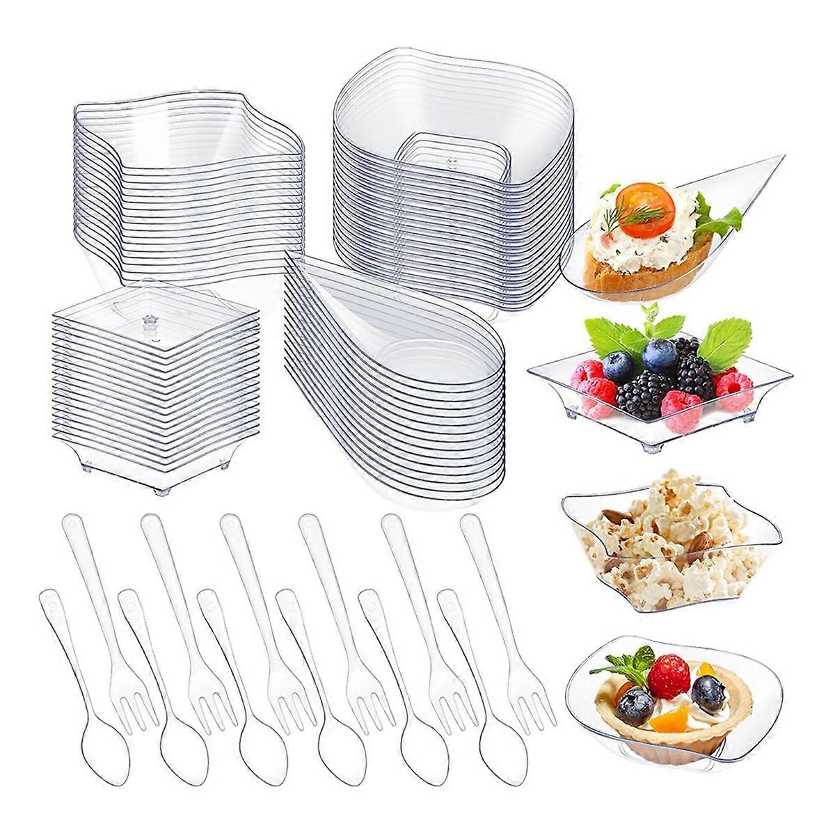 200 Pcs Mini Appetizer Plates with Spoons Forks Disposable Mini Dessert Plates Plastic Appetizer Bowls Tiny Transparent