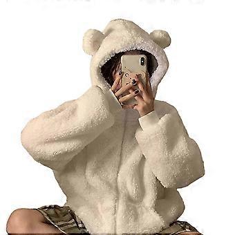 Womens Long Sleeve Zipper Up Fleece Jacket Cute Bear Ears Faux Lamb Wool Hoodies Oversized Sweatshirt Coat with Pockets White