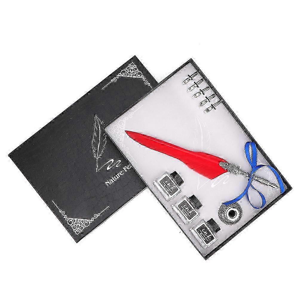 8PCS Retro Calligraphy Feather Pen ink Dip Gift Set (Red)