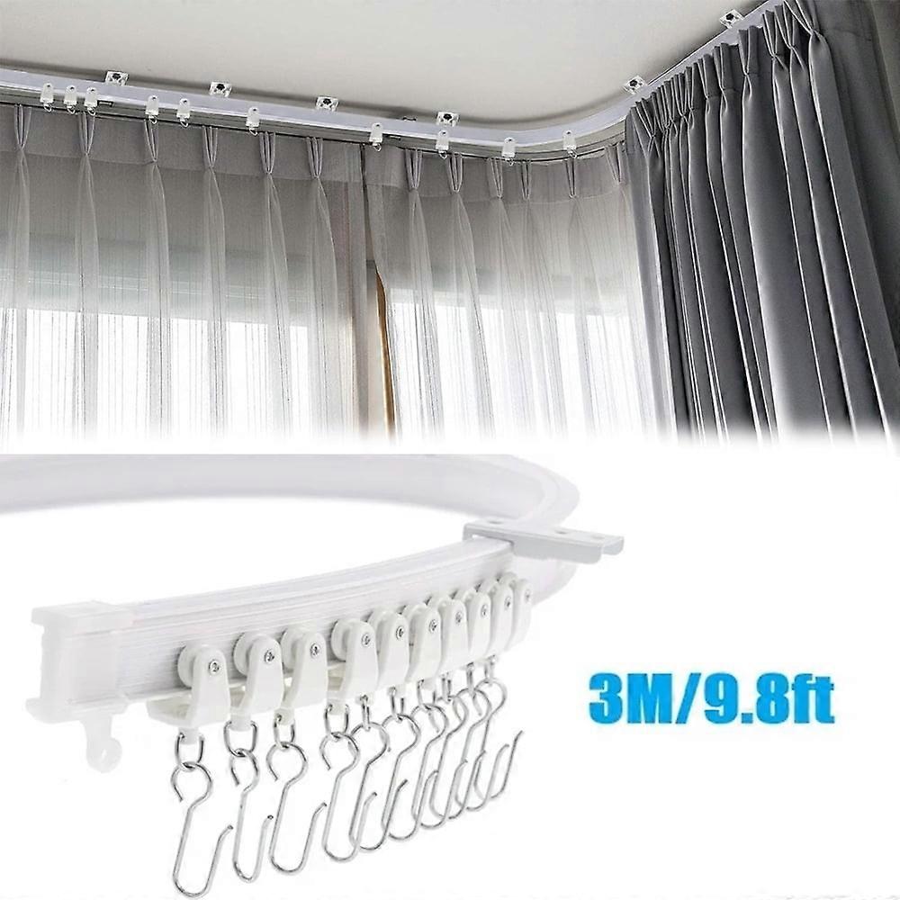 Flexible Bendable Ceiling Curtain Track, White Curved Ceiling Mount Curtain Rail with Hooks & Accessories Set (3M/9.8ft)