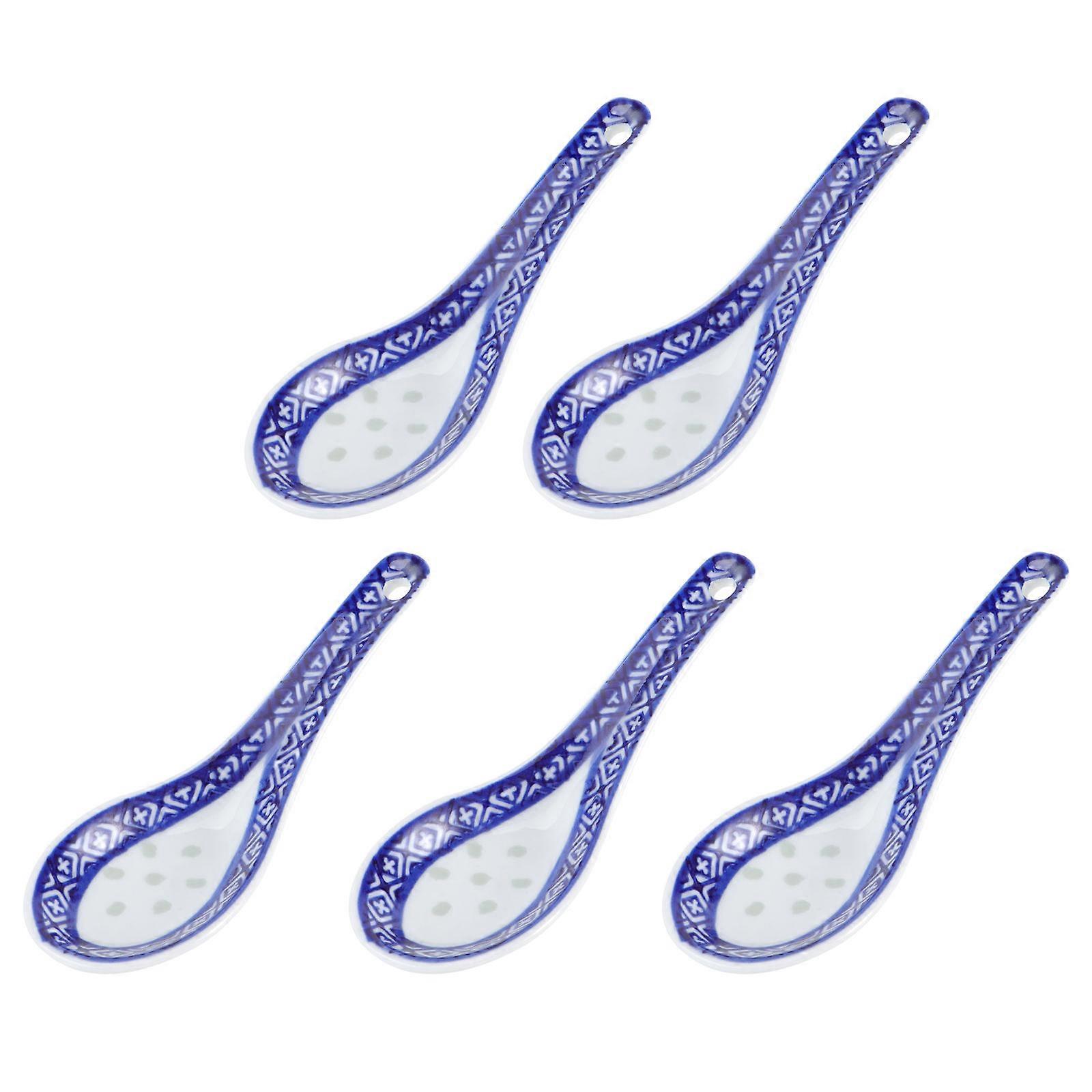 5pcs Practical Ceramic Spoon Multi-function Chinese Style Scoop Porridge Spoon Tableware Soup Spoon for Home Restaurant