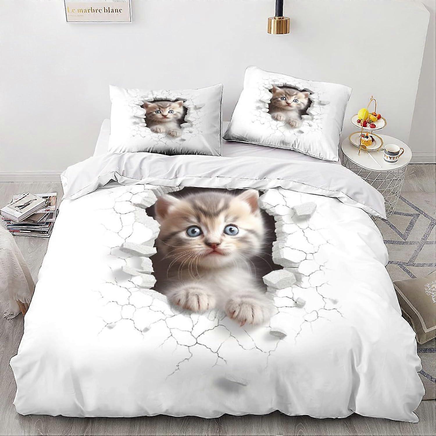 LikeEj Cat 3D zvířecí efekt pro děti a dospělé Tištěná sada povlečení s povlaky na polštáře, mikrovlákno roztomilá kočička přikrývka povlečení dvojitá