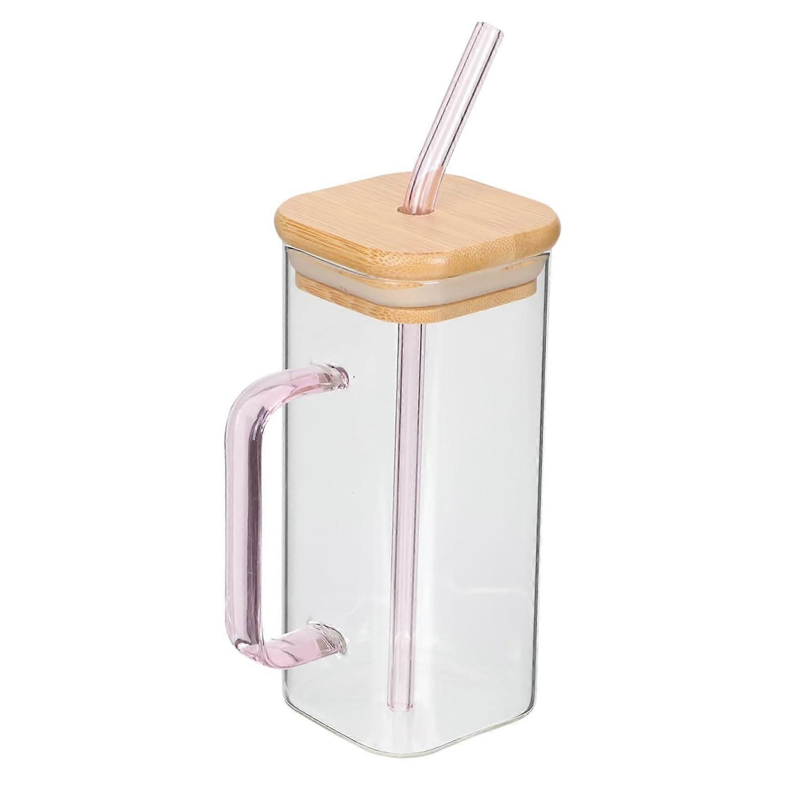 Glass Drinking Cup 400ML Square Tumbler with Handle, Clear Coffee Cup with Lid and Straw for Water, Milk, Juice (Pink)
