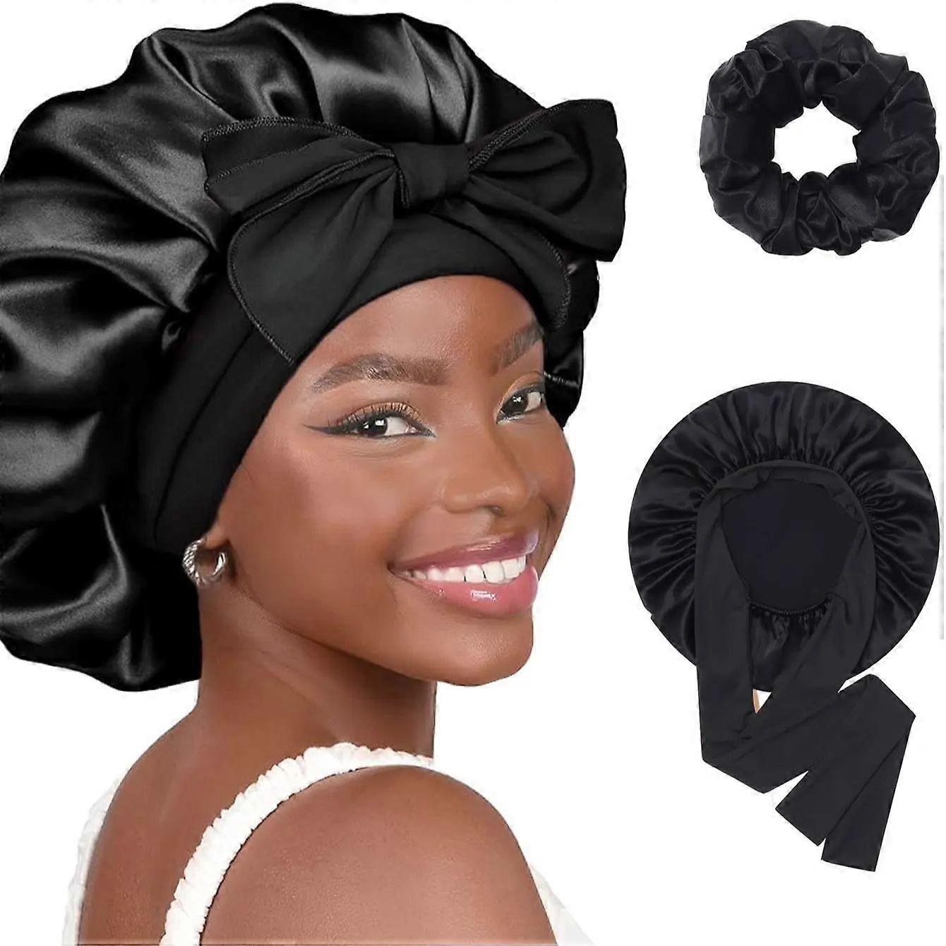 Conjunto com 2 peças: Touca de seda feminina para dormir, touca de cetim com borda de cetim, touca para cabelos cacheados com alça elástica.