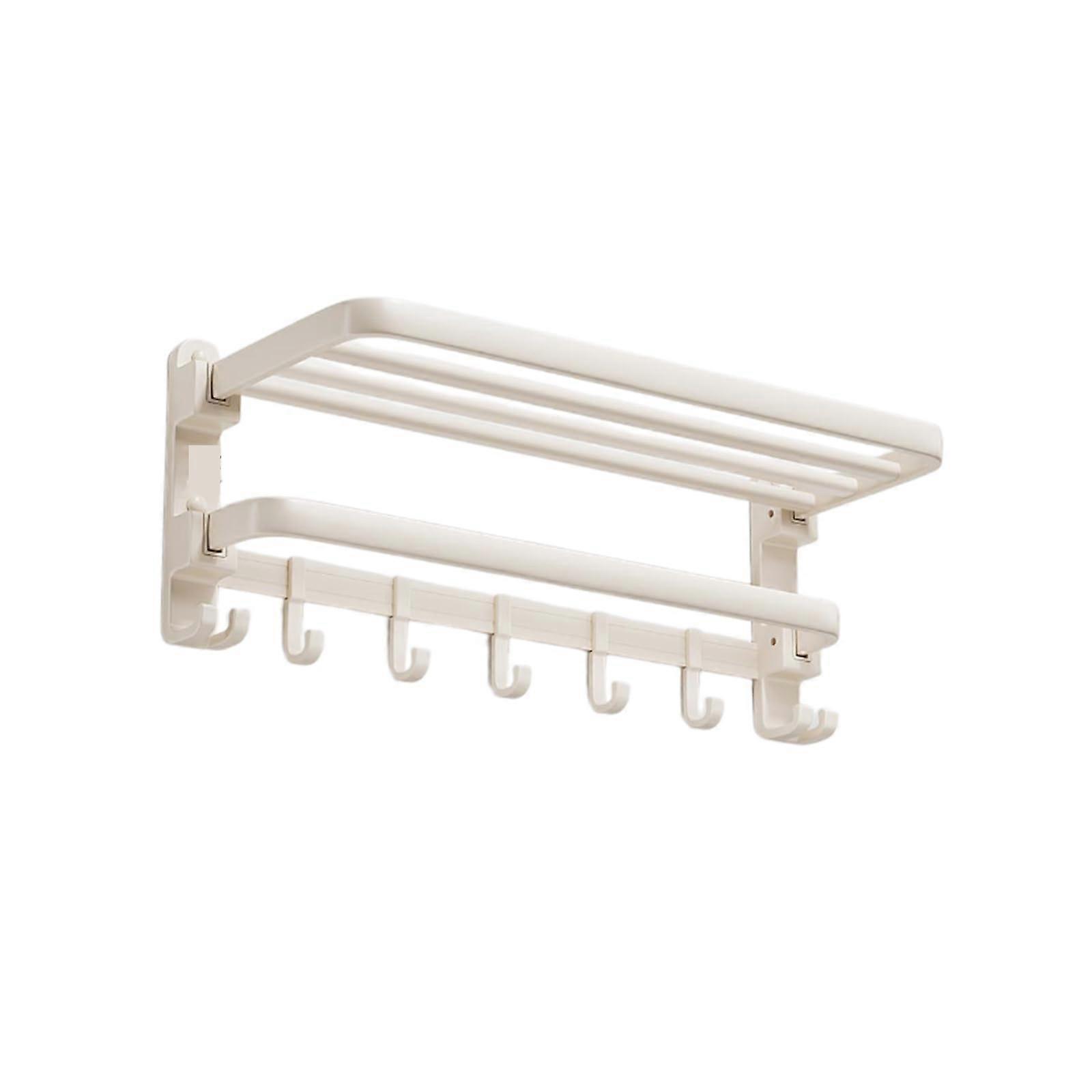 Foldable Wall Mounted Towel Rack with Shelf and 7 Hooks, Space Saving 60cm Bathroom Storage