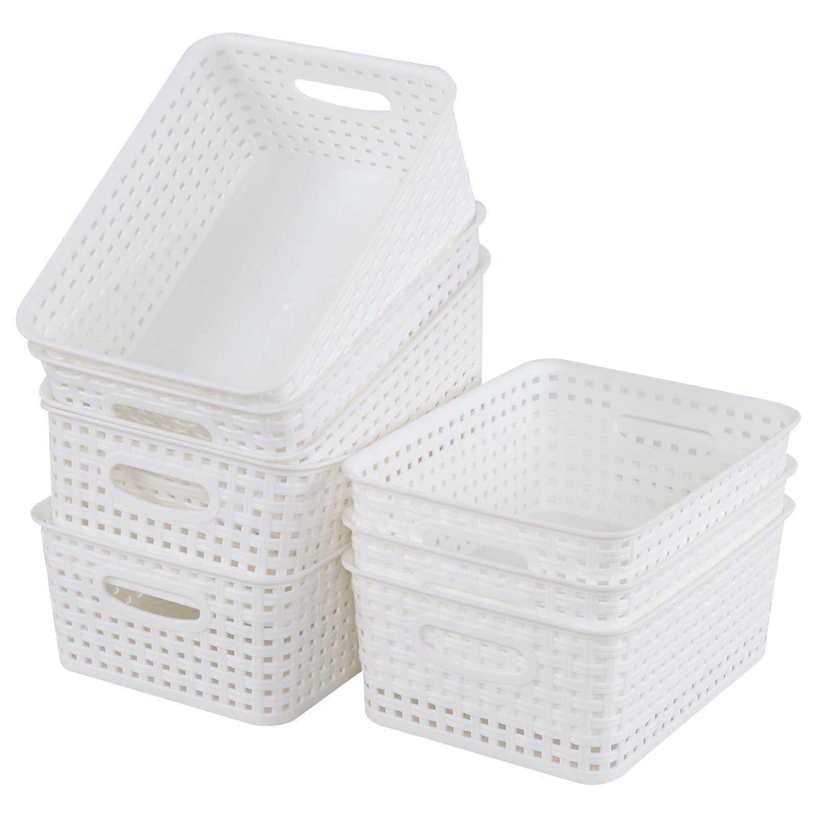 Set of 8 White Plastic Woven Storage Baskets with Handles for Home Organization
